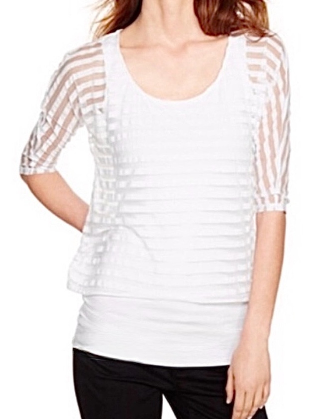 White House Black Market Blouse White Sheer Stripes Layered Over Tank Top